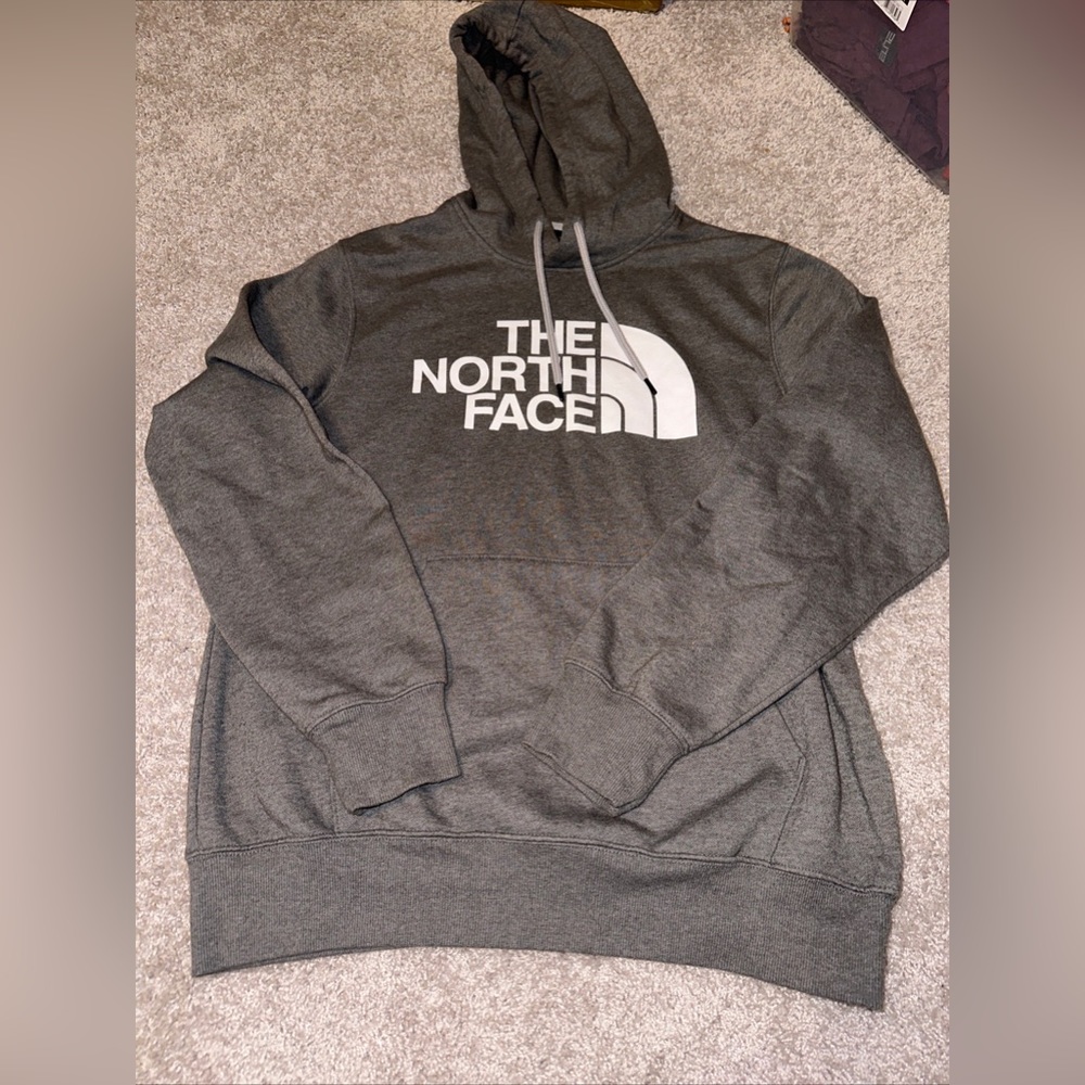 The North Face Hoodie Mens Medium Half Dome Pullover Gray Spellout Hood Logo.